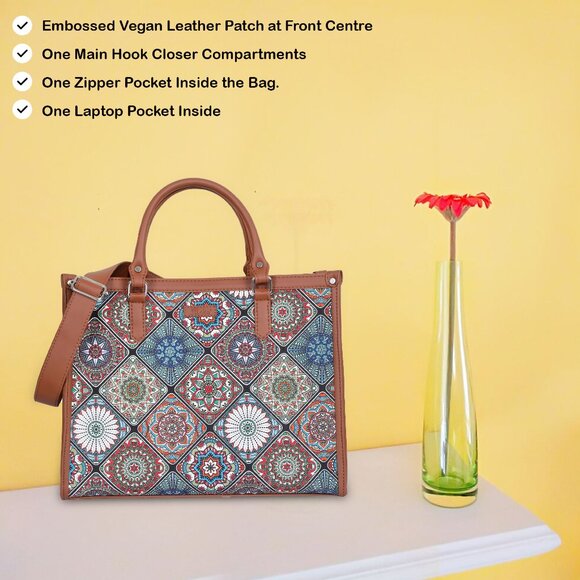 Hand Crafted Multicolour Printed Fabric Laptop Bag, Shoulder Satchel for Women - Picture 4 of 10